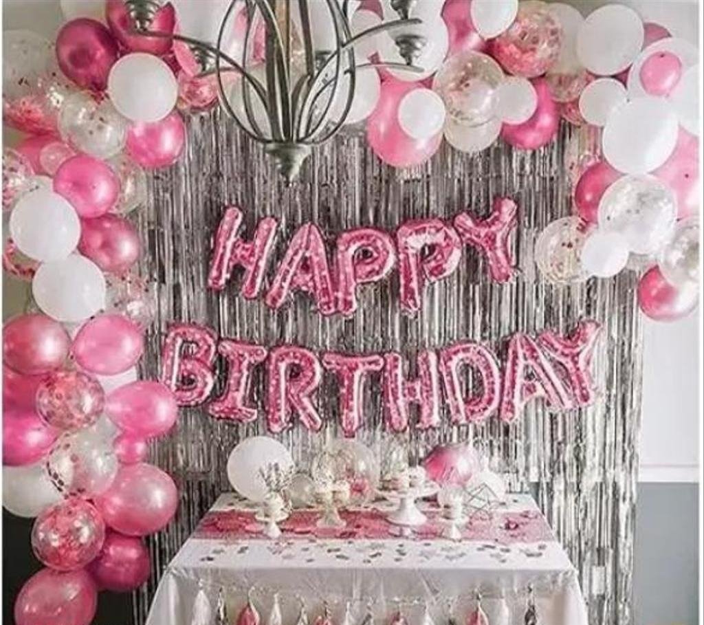 Set of 35 Pcs Happy Birthday Decoration Kit Combo - Pink Happy Birthday Letters , Silver Curtains , Pink & Silver Metallic Foil Balloons Theme