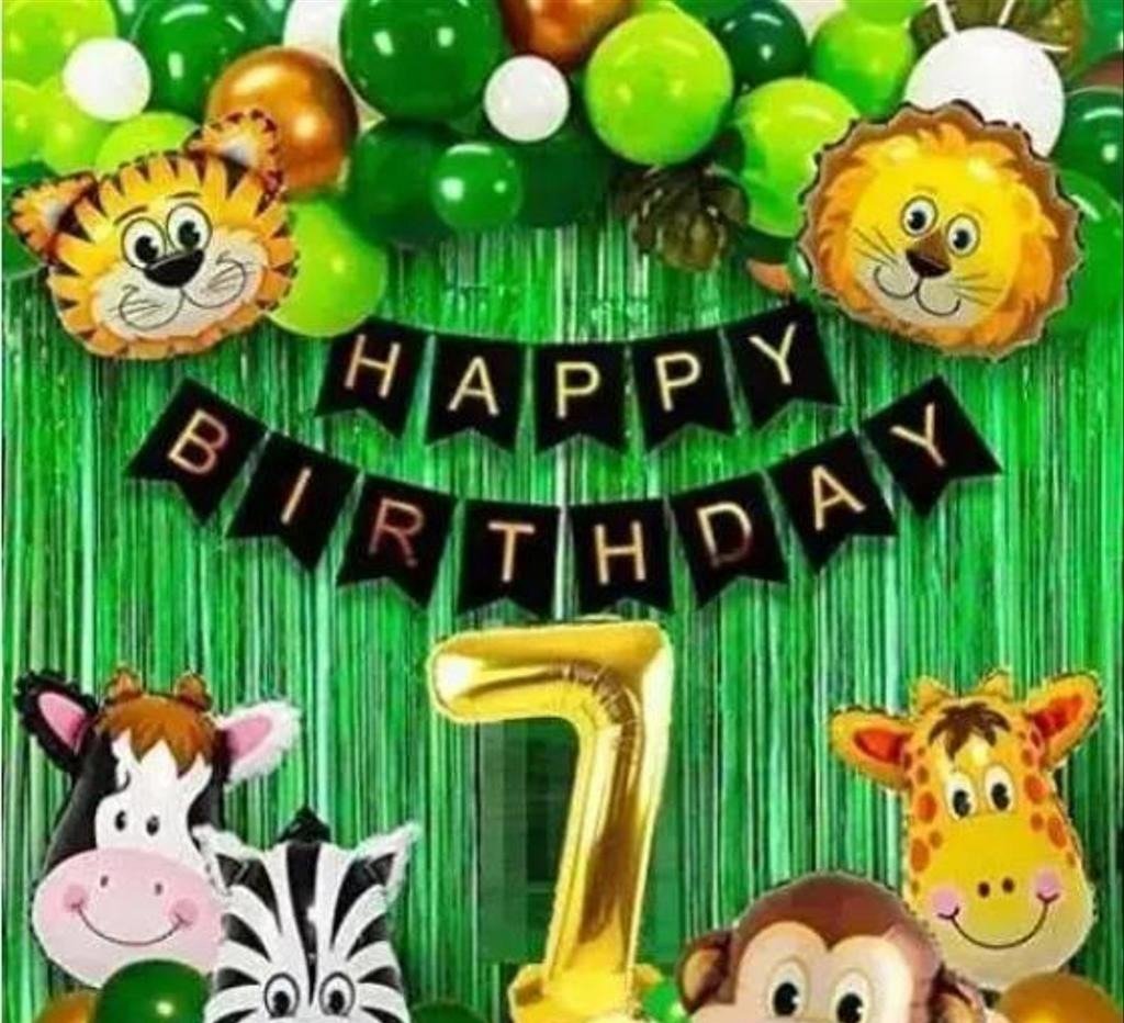 7 No Jungle Theme Birthday Decorations Hawaiian Animals Safari Forest Foil Balloons, Metallic Balloons, Foil Curtain,