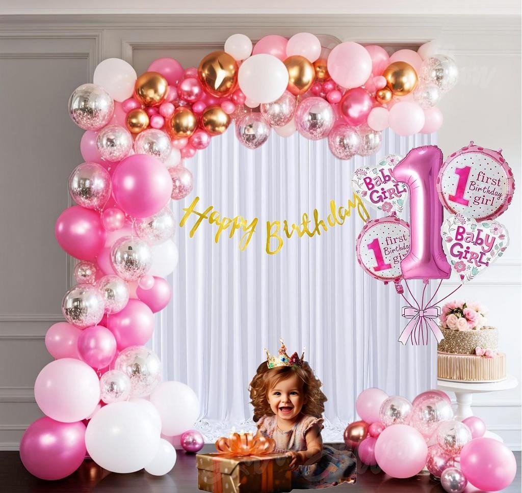 Adorable Large 1st Birthday Theme Birthday Decoration Combo Kit for Girls (38pcs)