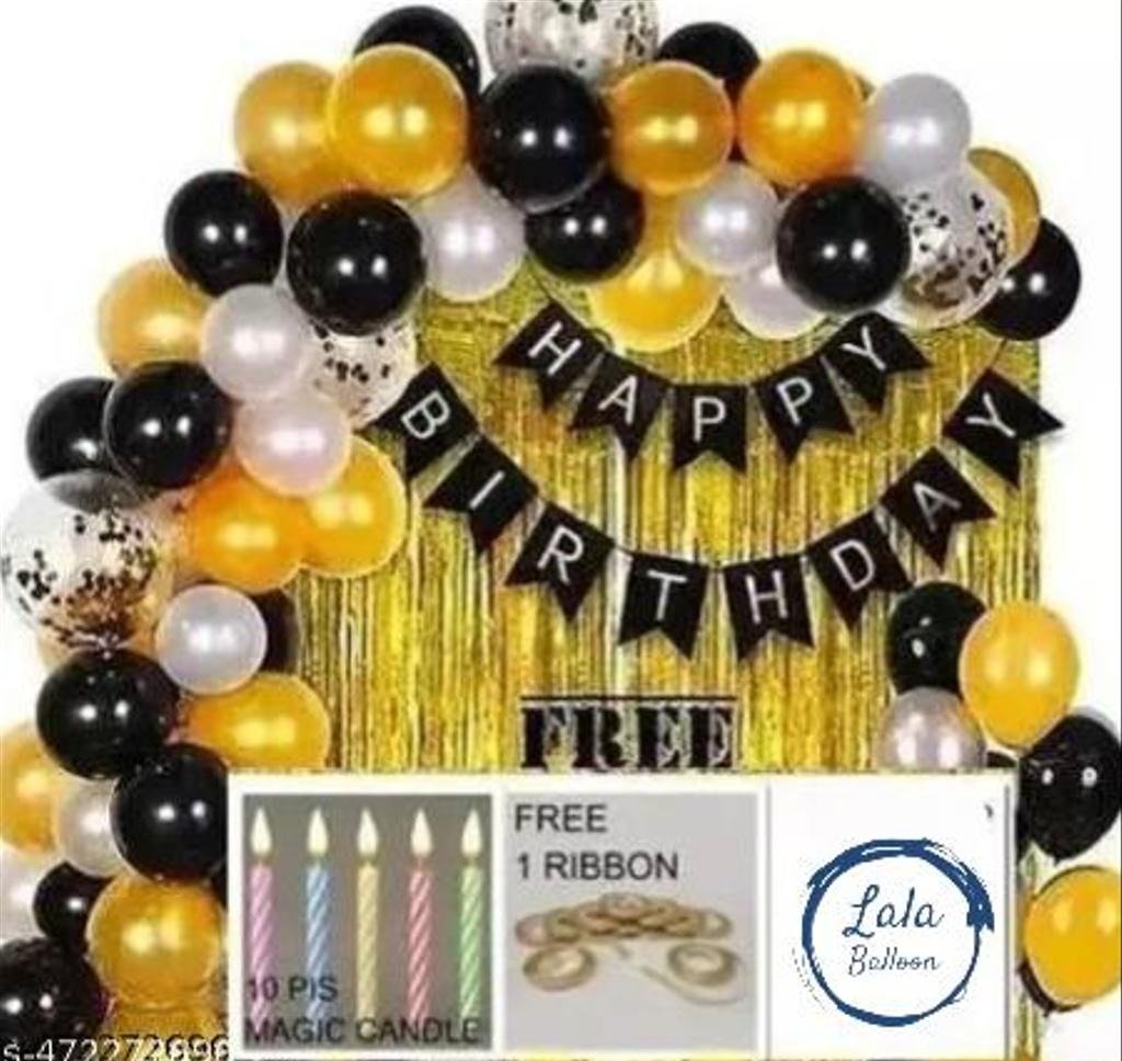 Happy Birthday Combo Kit with Happy Birthday Black Banner + 2 Golden Curtain + Golden Black And White Hd Metallic Balloon Pack Of 24 + And Megic Candle+Ribben For Decoration Item