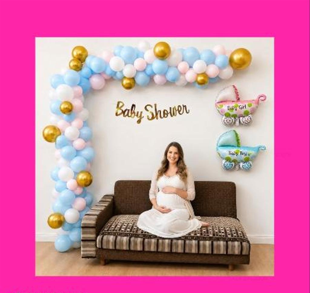 Pastel Baby Shower Balloon Arch Decoration Kit with Gold Chrome Balloons & Baby Carriage Foil Balloons
