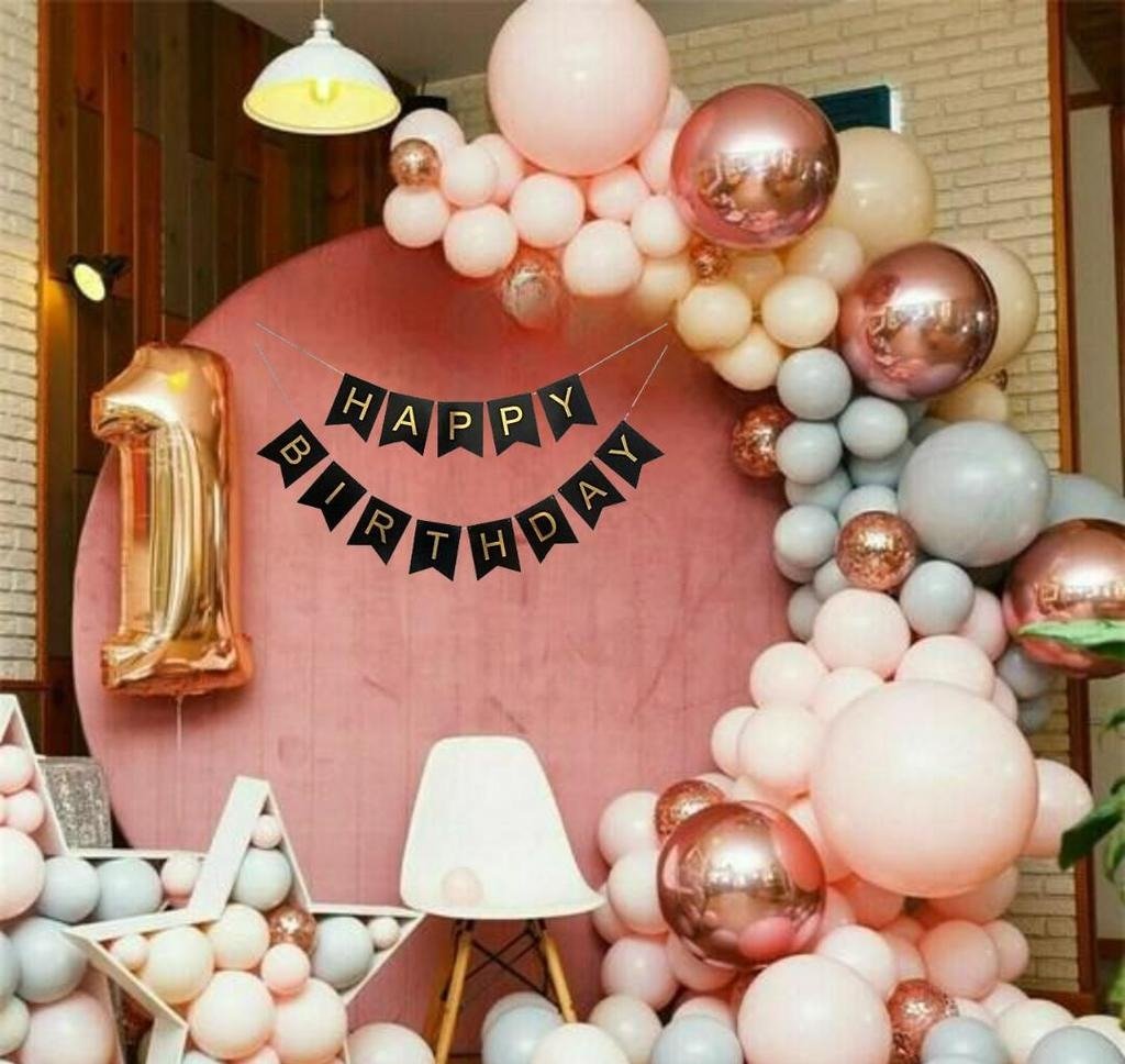 Pink & Rose Gold First Birthday Balloon Decoration Setup