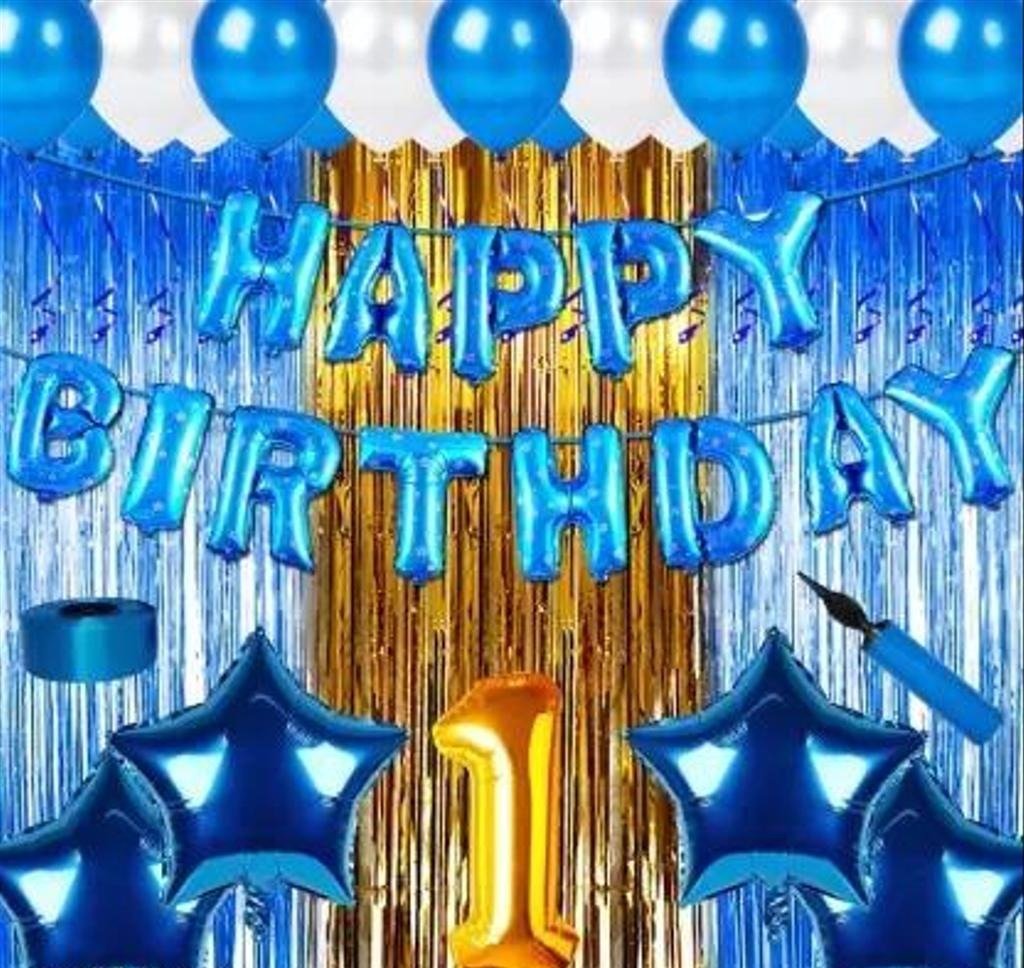 SQE  presents First/1st Happy Birthday Combo/Kit Pack Material For Party Decorations (Pack Of 73) BLUE  (Set of 73)