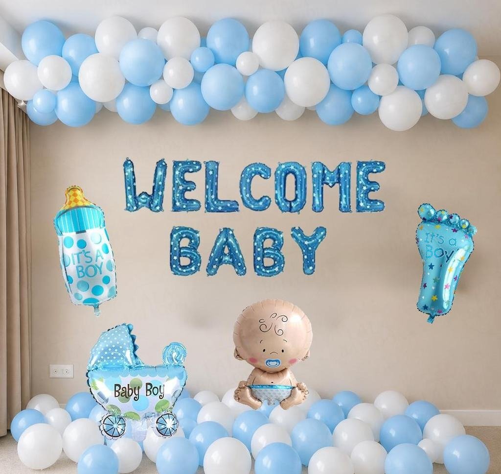 Blue and White "Welcome Baby Boy" Ceiling Garland & Backdrop Kit