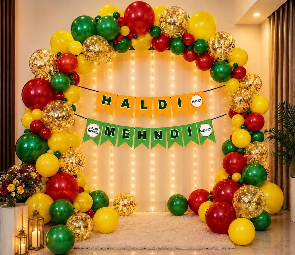Red, Green & Yellow Haldi Mehndi Balloon Arch Decoration with Gold Confetti and Fairy Light Backdrop