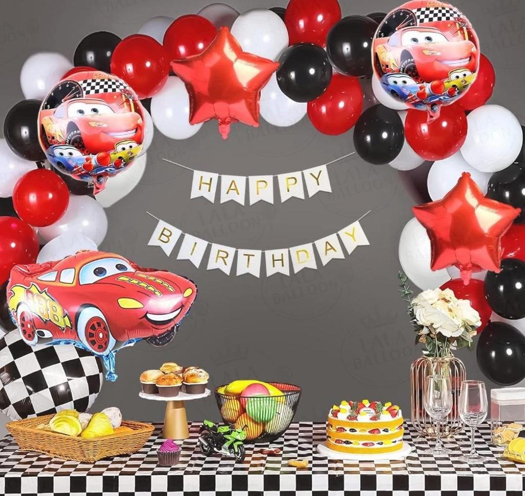 Cars Theme Birthday Decoration Kit with Red, Black & White Balloons and Happy Birthday Banner