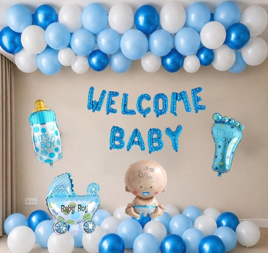 Blue and White "Welcome Baby Boy" Balloon Garland & Backdrop Kit