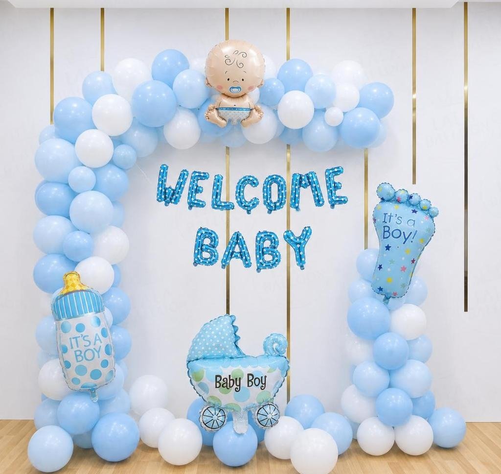 Blue & White Welcome Baby Boy Balloon Decoration Kit | Baby Shower Backdrop