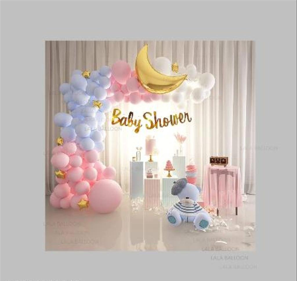 Pastel Pink & Blue Baby Shower Balloon Arch Decoration with Moon Foil Balloon & Teddy Bear