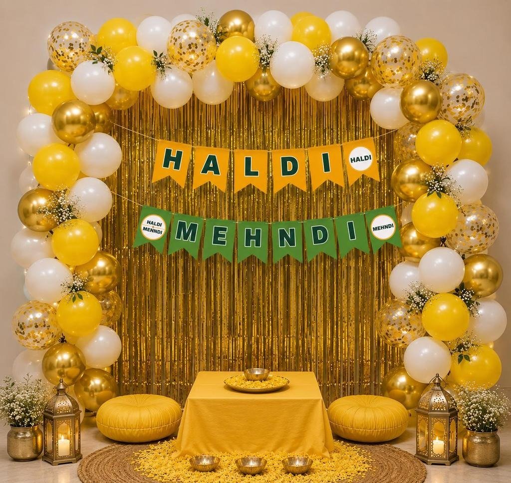 Yellow, White & Gold Haldi Mehndi Balloon Arch Decoration with Gold Fringe Backdrop