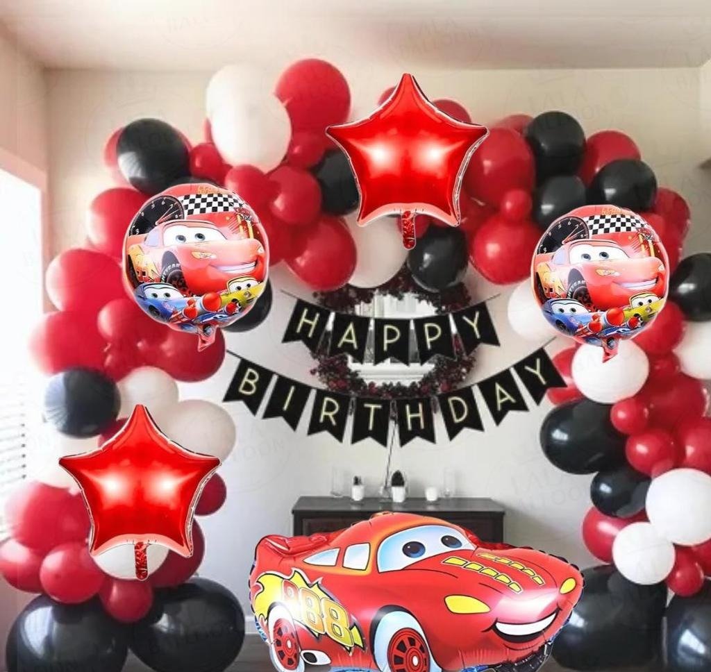 Disney Cars Lightning McQueen Birthday Party Decoration Kit with Red, Black & White Balloons