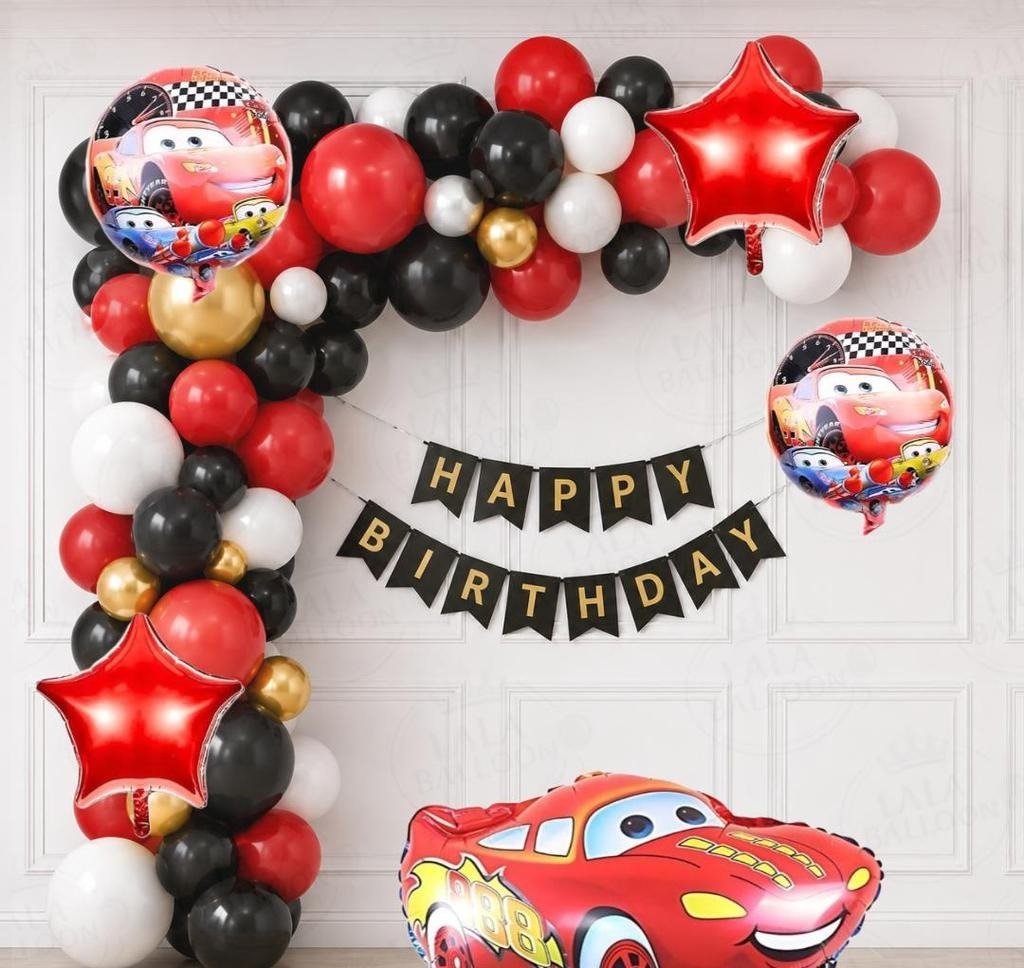 Disney Cars Lightning McQueen Birthday Party Decoration Kit with Red, Black, White & Gold Balloons