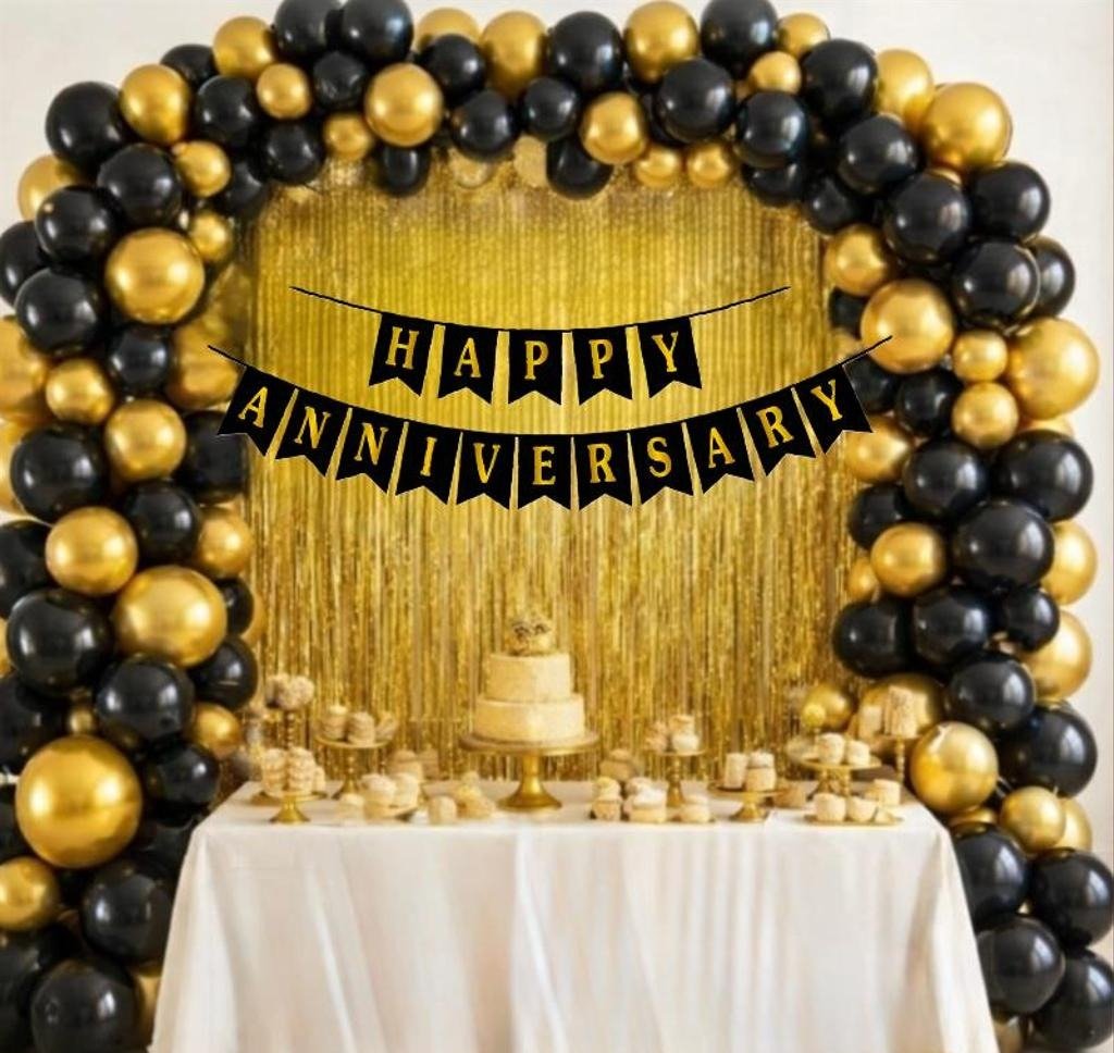 Black and Gold Anniversary Balloon Arch Dessert Table Backdrop