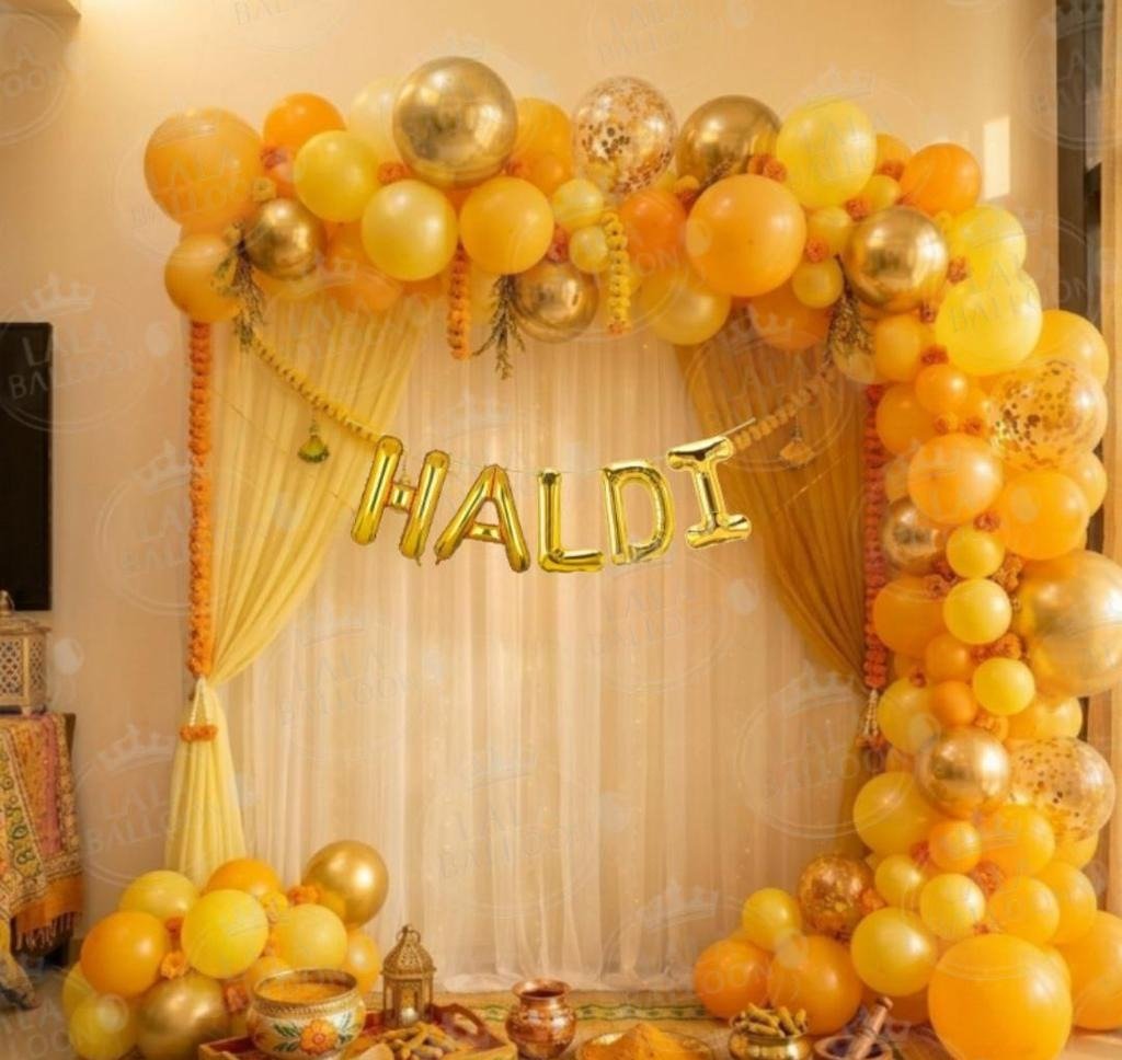 : Traditional Yellow Balloon and Drapes Haldi Ceremony Decor