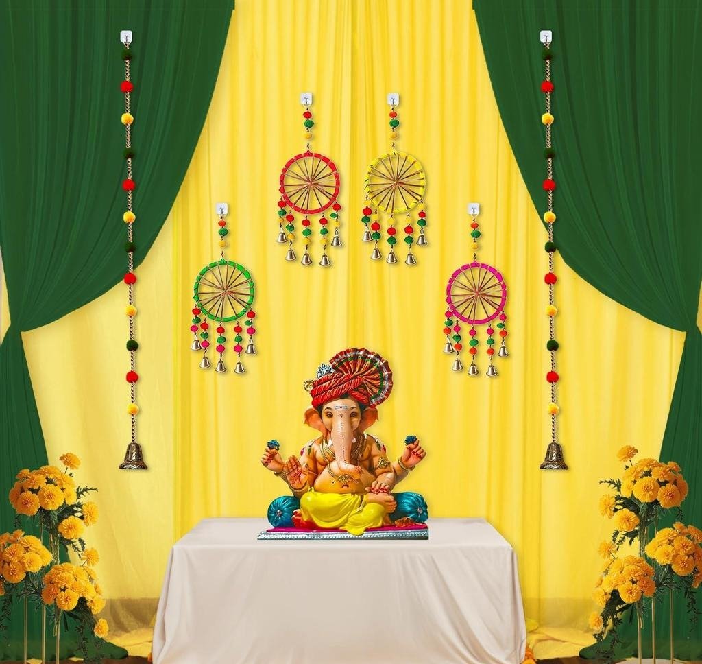 Yellow and Green Backdrop for Decoration with Pom Pom Hangings, Backdrop for Pooja Decoration, Haldi Decoration Items for Home, Mehendi Decoration Setup, Festive Backdrop,Diwali,Ganesh Chaturthi.