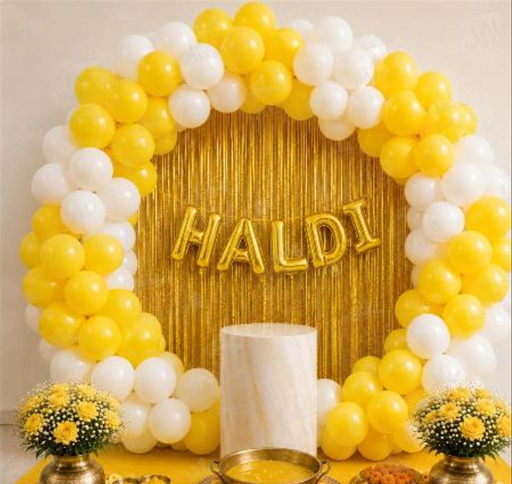               Elegant Yellow & White Haldi Ceremony Decoration with Golden Balloon Arch