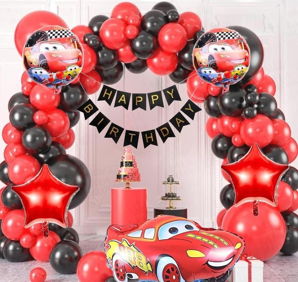 Disney Cars Lightning McQueen Birthday Party Decoration Kit with Red & Black Balloons