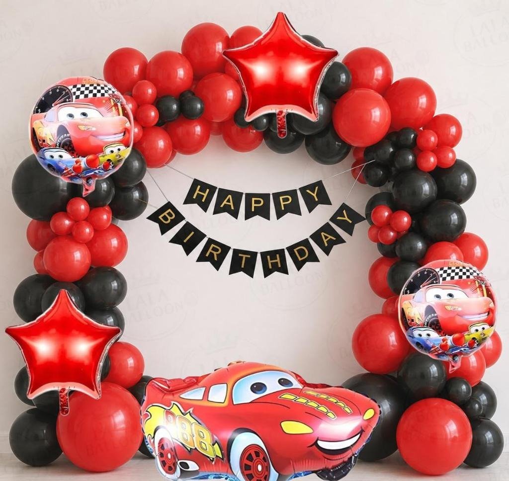 Cars Lightning McQueen Birthday Party Decoration Kit with Red & Black Balloons